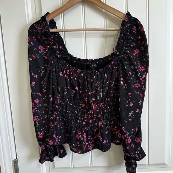 AQUA Smocked Floral Blouse Square Neck Long Sleeve Top‎ Black Size S - Picture 2 of 6